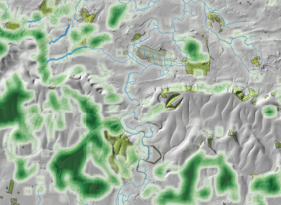 Map of modelled bat habitat suitability over hill-shaded terrain with rivers